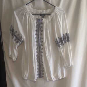 Chaps White Blouse with Blue Embroidery